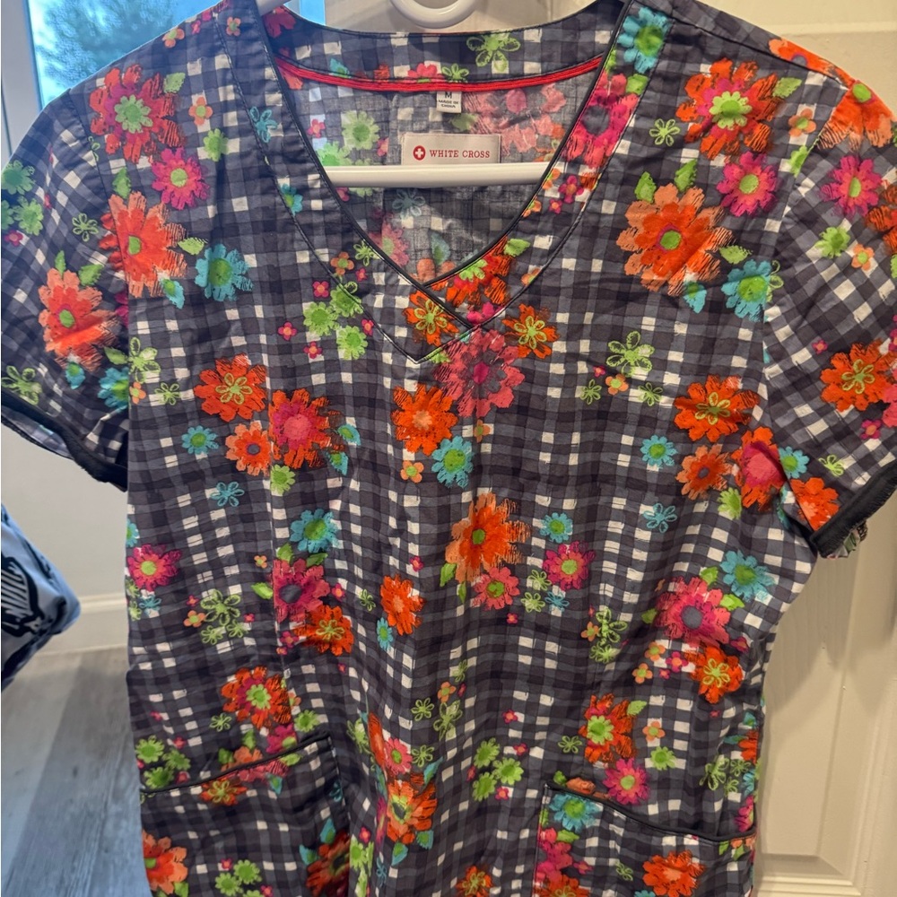 White Cross Colorful Floral Checkered Scrub Top